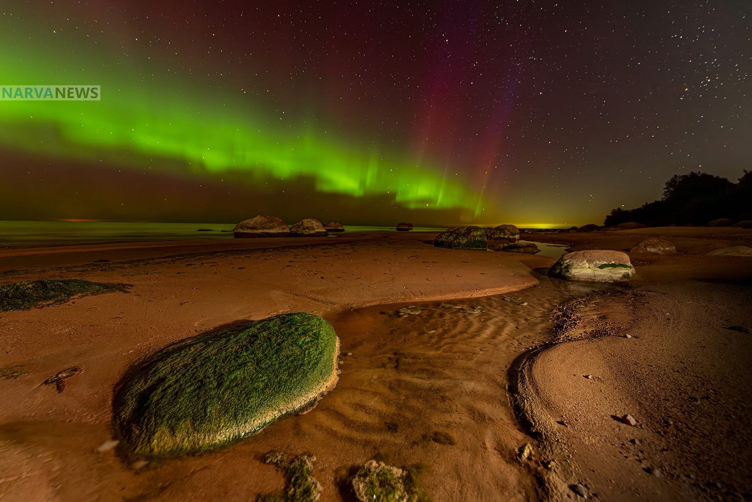 Берег Финского залива этой ночью озарило северное сияние