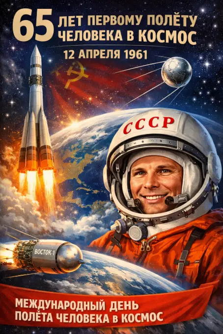 Полету Юрия Гагарина в космос исполнилось 65 лет: Постер к дате 12 апреля 2026 года - Narva News
