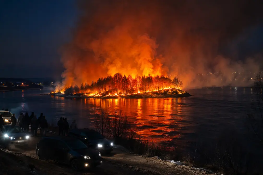 Огонь посреди реки: спасатели Лапландии позволили целому острову сгореть дотла