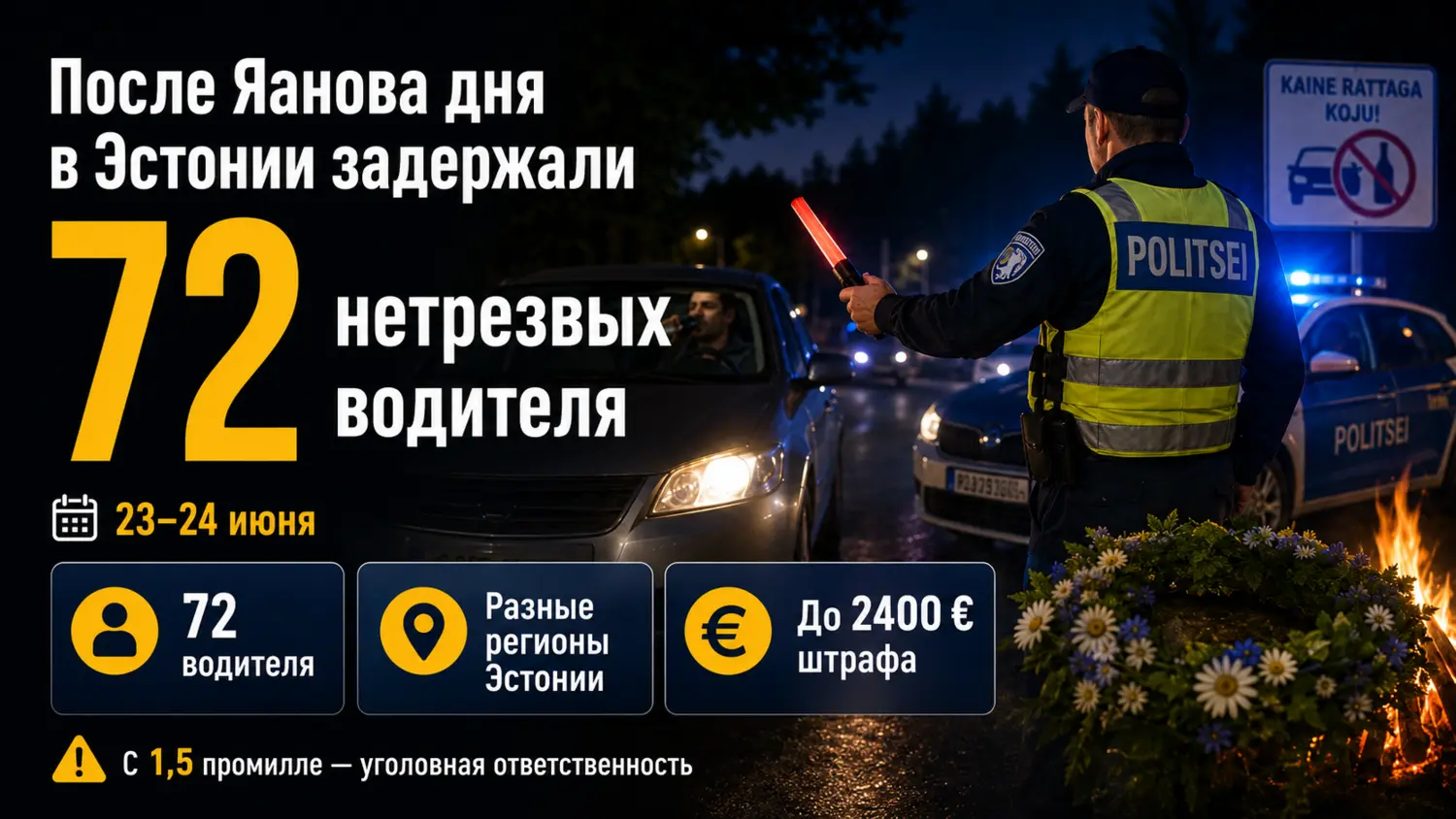 После Яанова дня полиция задержала в Эстонии 72 нетрезвых водителя