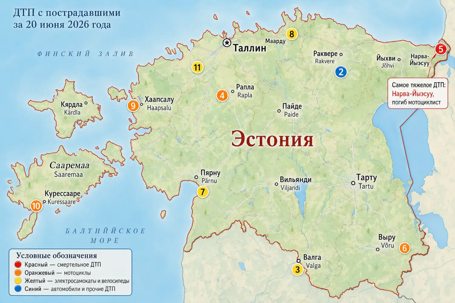 За сутки в Эстонии произошло 11 ДТП: в Нарва-Йыэсуу погиб мотоциклист, 13 человек пострадали