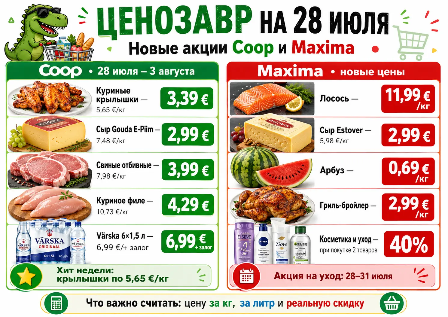 Крылышки по 5,65 евро, лосось дешевле на 3 евро: где с 28 июля реально выгоднее
